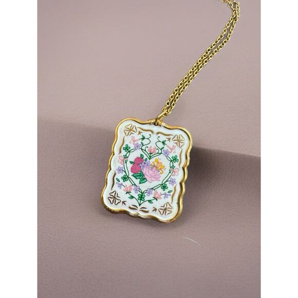 Vintage Porcelain Pendant Franklin Mint Valentine Sweetheart 18” Chain Floral - Picture 2 of 13